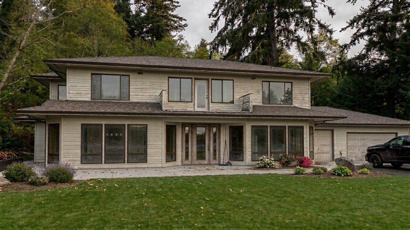 A house with faded, weathered siding before repainting